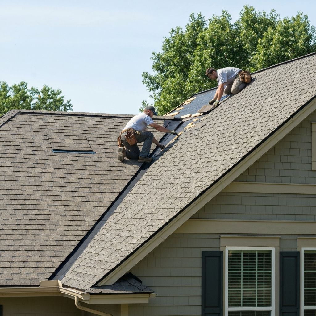 Professional roofing crew installing new asphalt shingles on residential home